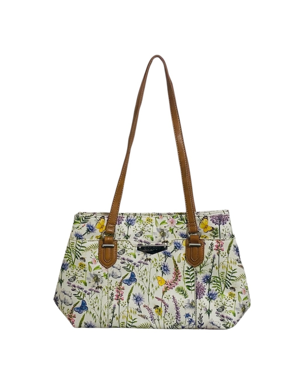 Floral & Butterfly Shoulder Tote with Brown Straps